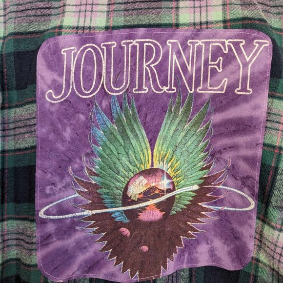 Journey Music Band Custom Blue Purple Flannel Women's Button Down Shirt Sz L - Picture 2 of 8